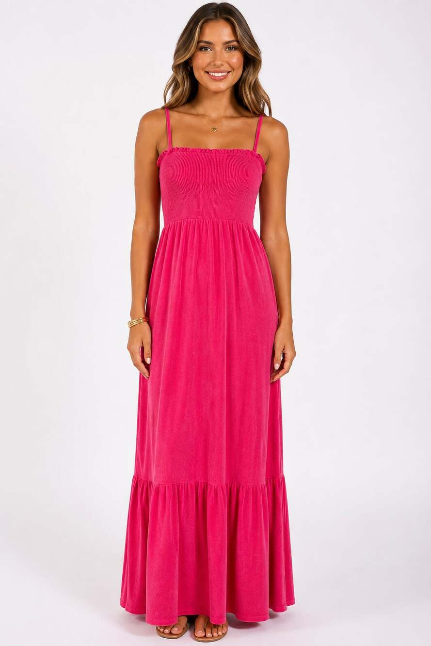Juicy Couture Smocked Terry Cloth Maxi Dress Pink Womens Size Medium New Y2K